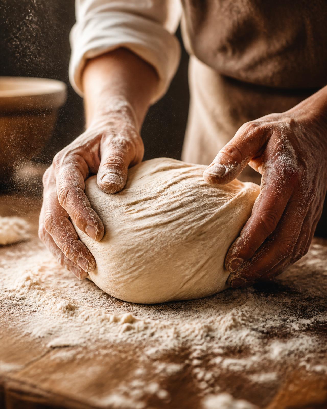 Mani che lavorano l'impasto del pane